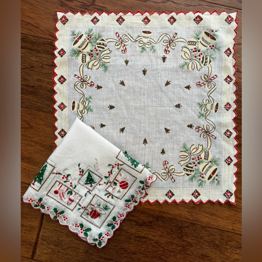 Set of 2 Vintage Christmas Handkerchiefs